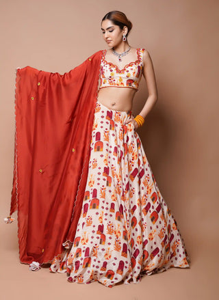 Cream digital print lehenga set