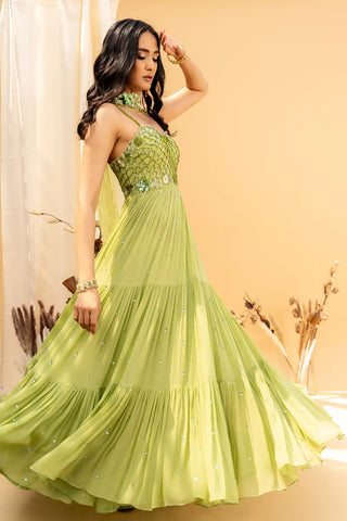 Green floral embroidered corset anarkali and dupatta