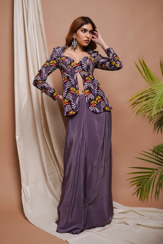 Violet digital printed coat and drape skirt