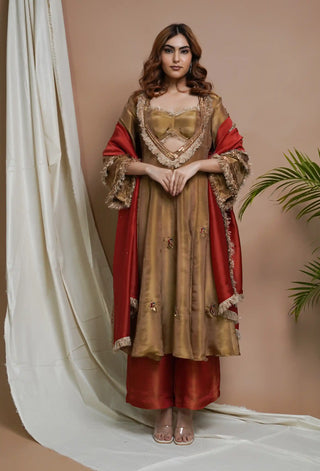 Golden tissue silk anarkali suit set