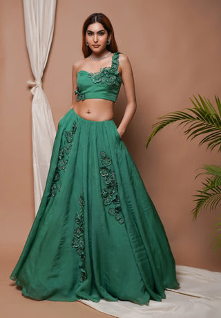 Bright green organza indo lehenga and blouse