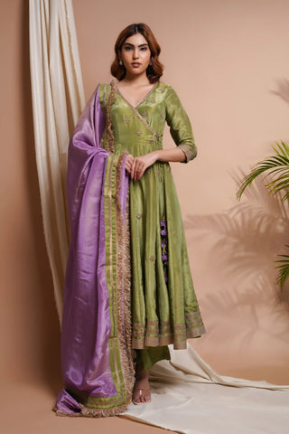 Green purple tissue silk angrakha anarkali set