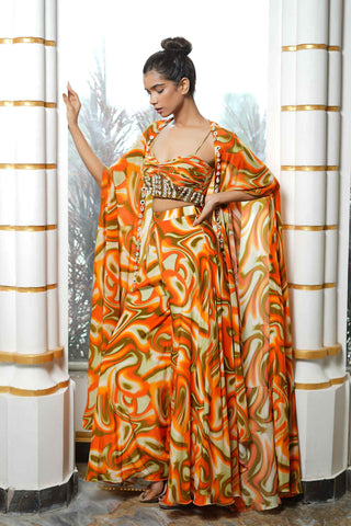 Orange abstract wave cape and palazzo set