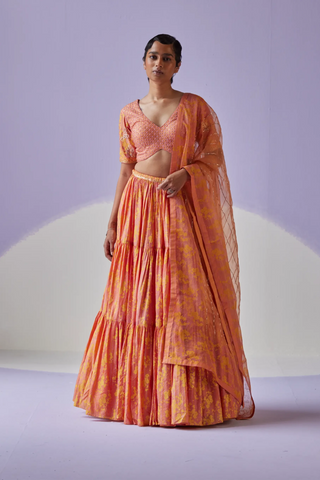 Coral chanderi lehenga set with embroidered blouse