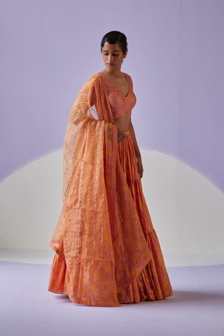 Coral chanderi lehenga set with embroidered blouse