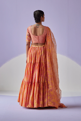 Coral chanderi lehenga set with embroidered blouse