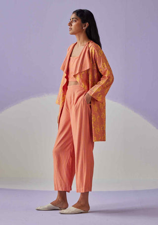 Coral block printed jacket and trouser set