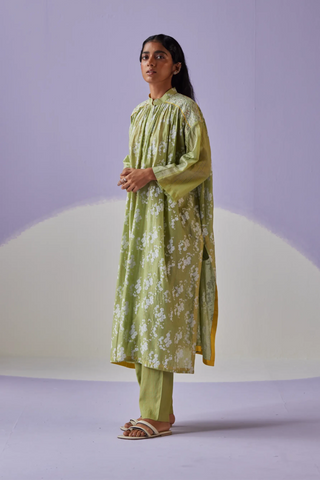 Green long gathered shirt & trouser set