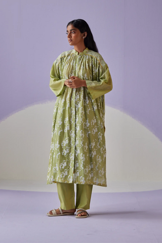 Green long gathered shirt & trouser set