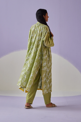 Green long gathered shirt & trouser set