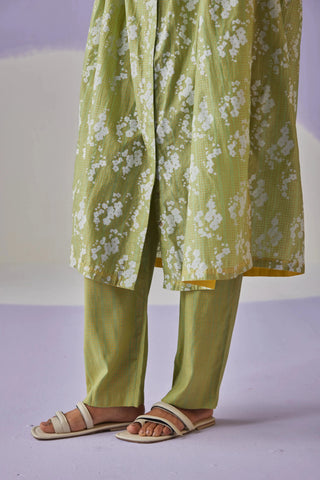 Green long gathered shirt & trouser set