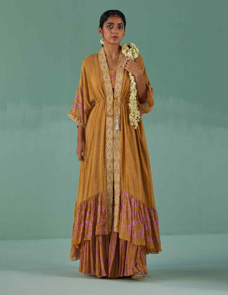 Ochre tiered kaftan, sharara and blouse