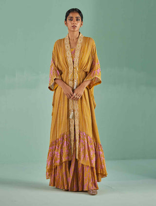 Ochre tiered kaftan, sharara and blouse