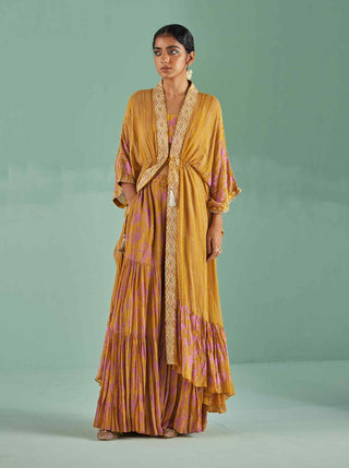 Ochre tiered kaftan, sharara and blouse