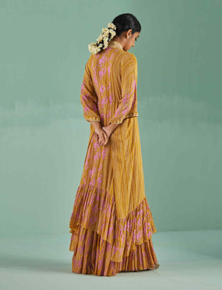 Ochre tiered kaftan, sharara and blouse