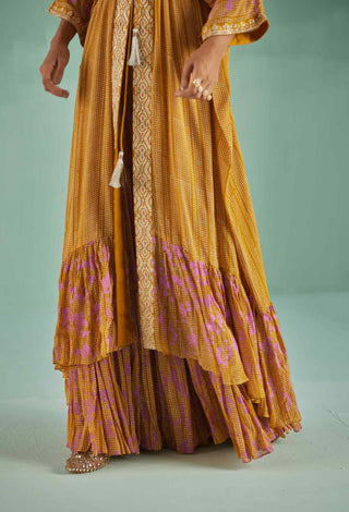 Ochre tiered kaftan, sharara and blouse