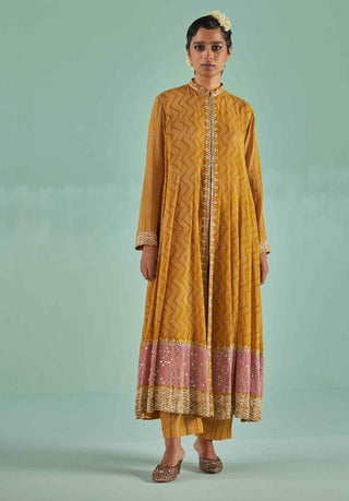 Ochre block printed anarkali set