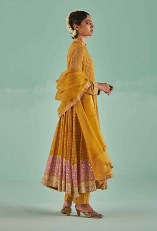 Ochre block printed anarkali set