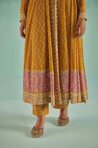 Ochre block printed anarkali set