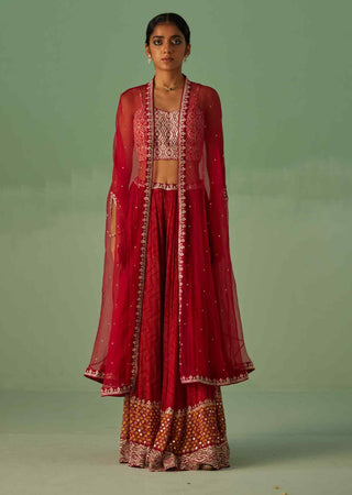 Red organza cape, blouse and sharara set