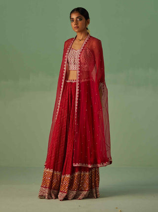 Red organza cape, blouse and sharara set