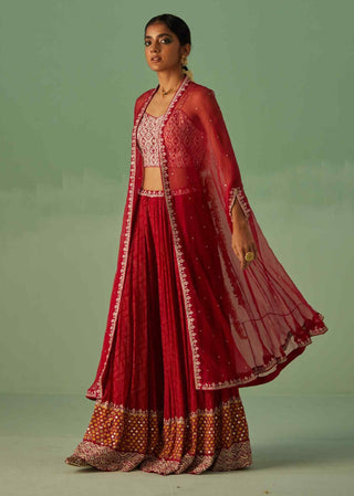 Red organza cape, blouse and sharara set