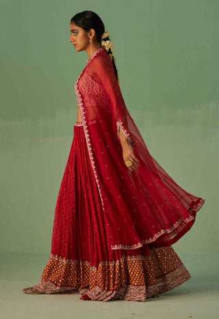 Red organza cape, blouse and sharara set