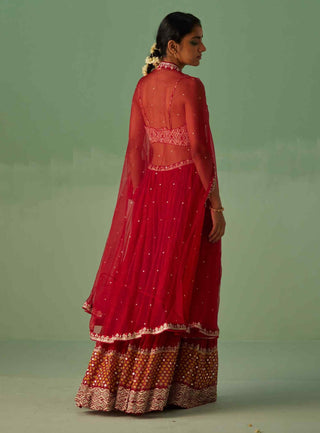 Red organza cape, blouse and sharara set