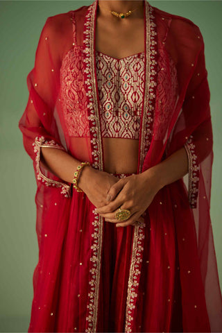 Red organza cape, blouse and sharara set