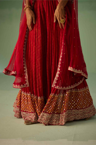 Red organza cape, blouse and sharara set