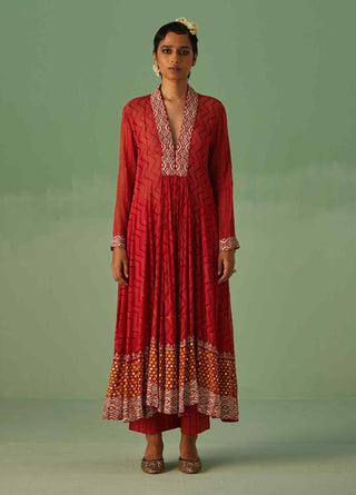 Red block printed anarkali set