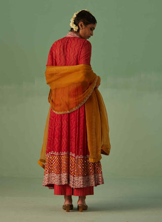 Red block printed anarkali set