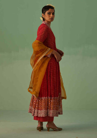 Red block printed anarkali set