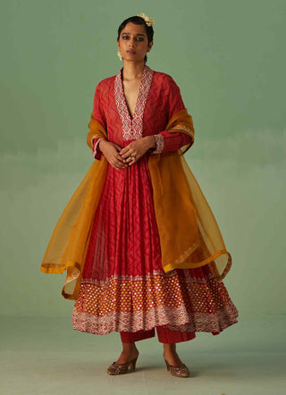 Red block printed anarkali set