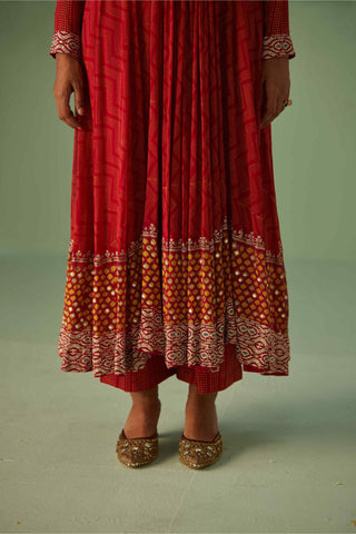 Red block printed anarkali set