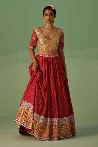 Red custom block printed lehenga set