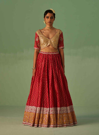 Red custom block printed lehenga set