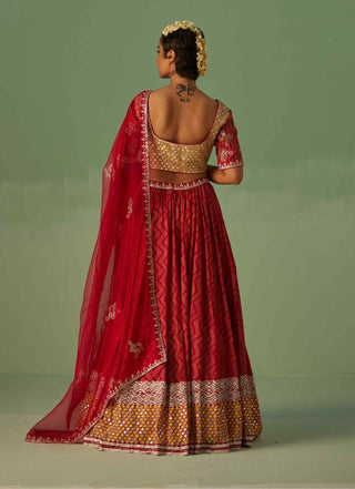 Red custom block printed lehenga set