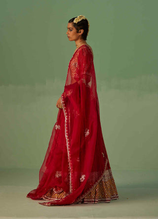 Red custom block printed lehenga set