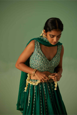 Emerald green block printed lehenga set