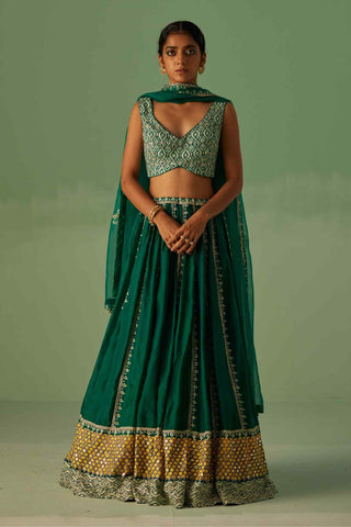 Emerald green block printed lehenga set