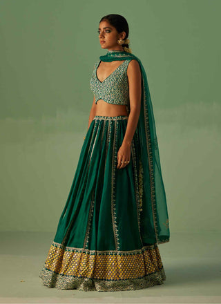 Emerald green block printed lehenga set