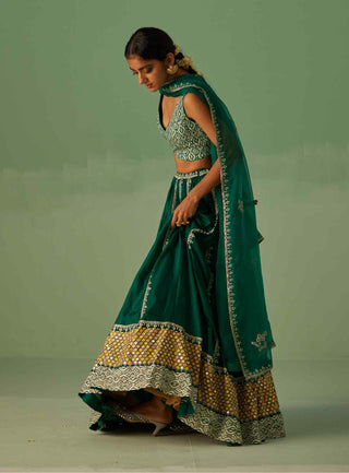 Emerald green block printed lehenga set