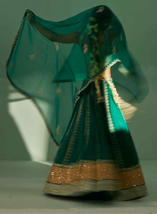 Emerald green block printed lehenga set