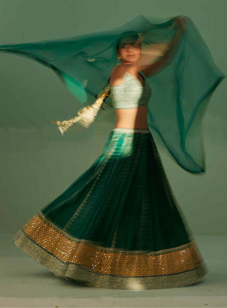 Emerald green block printed lehenga set