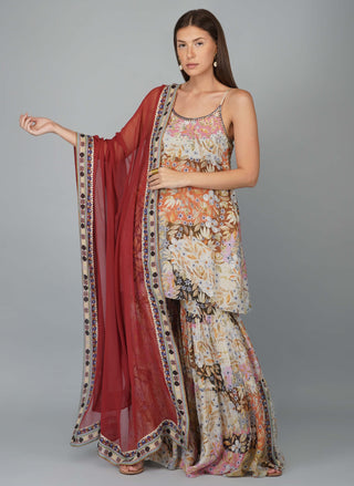 Kora and garnet melange print gharara set