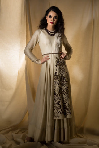 Ivory colour full length gown with embroidered panels & belt