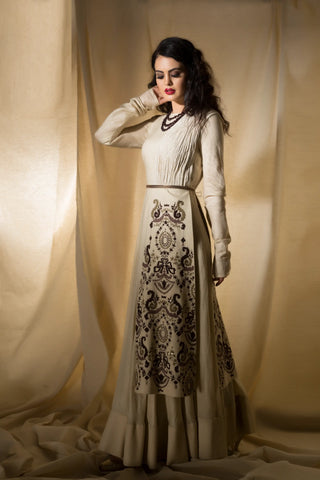 Ivory colour full length gown with embroidered panels & belt