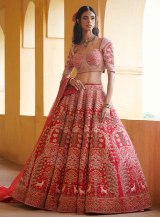 Red bird motif lehenga choli set