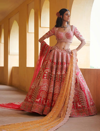 Red bird motif lehenga choli set